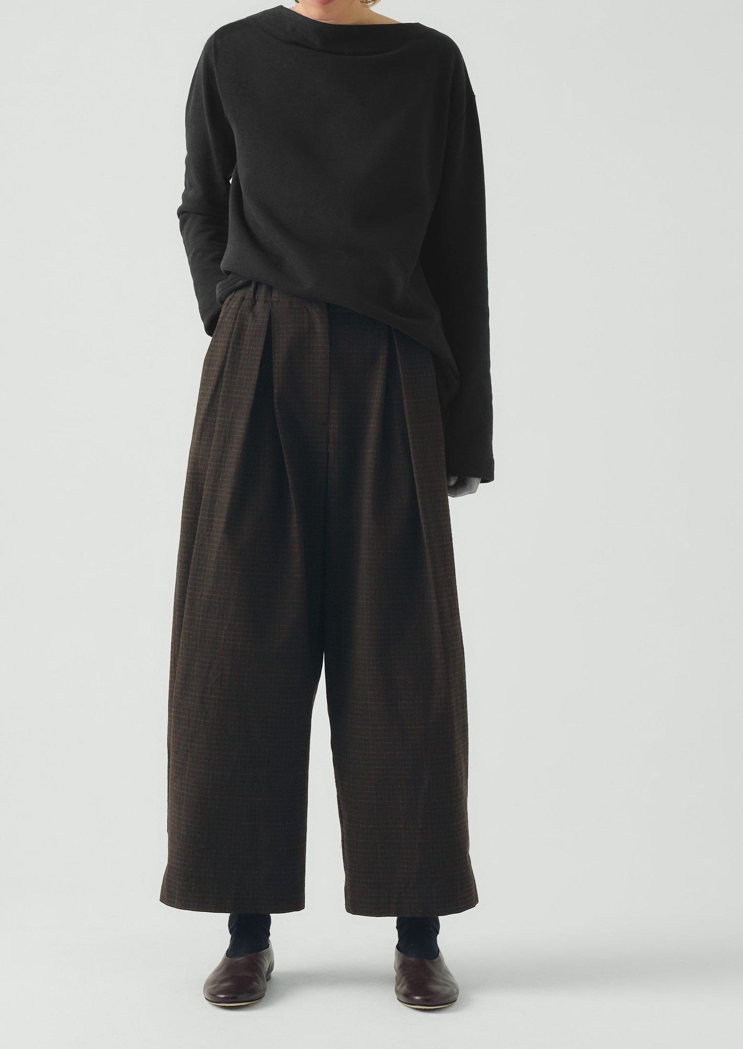 Check Cotton Wool Wide Leg Trousers | Slate