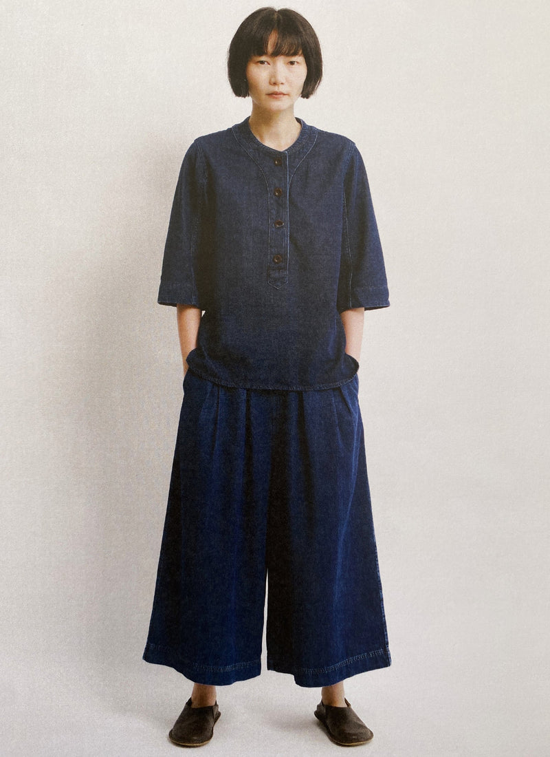 Indigo Denim Pull On Cropped Trousers | Indigo
