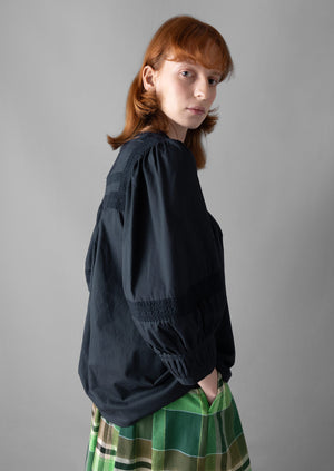 Gathered Sleeve Embroidered Cotton Shirt | Slate Navy