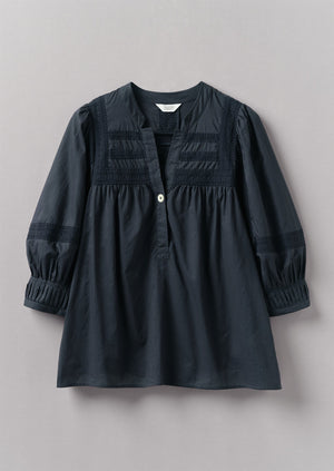 Gathered Sleeve Embroidered Cotton Shirt | Slate Navy