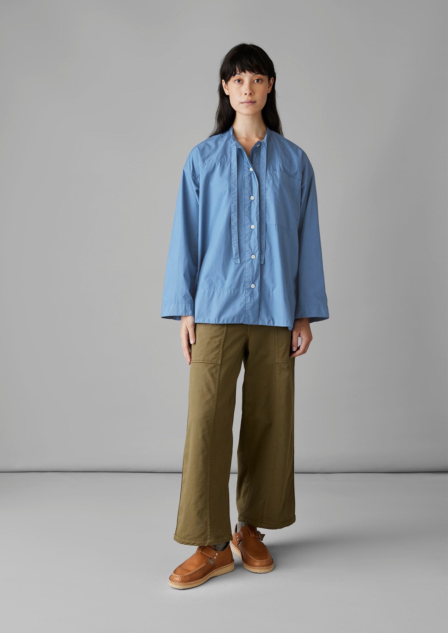 Tie Neck Cotton Poplin Shirt | Smock Blue