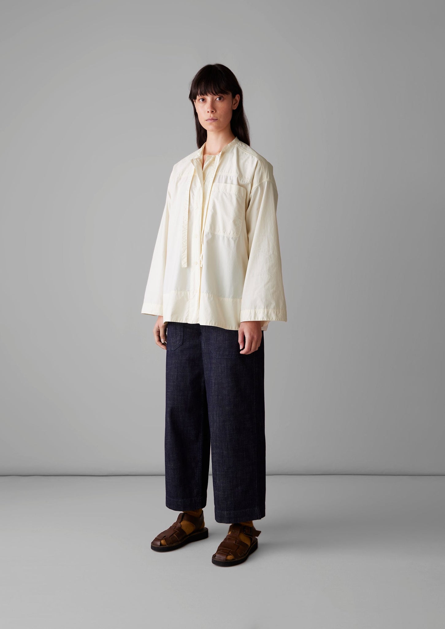 Tie Neck Cotton Poplin Shirt | Ecru