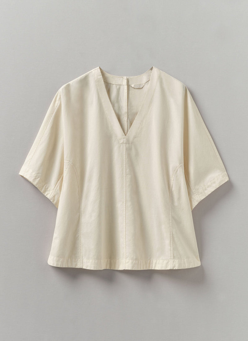 Textured Cotton Poplin V-Neck Top | Ecru