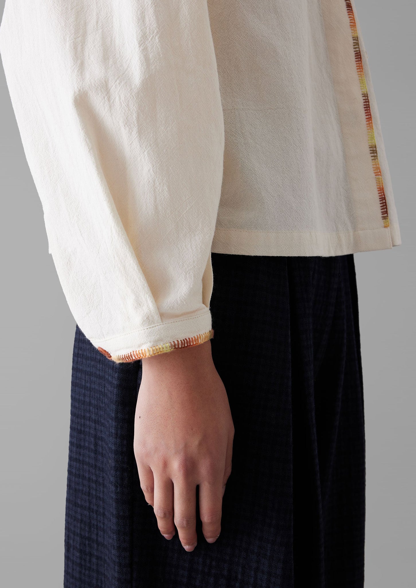 Hand Embroidered Textured Cotton Shirt | Ecru/Multi