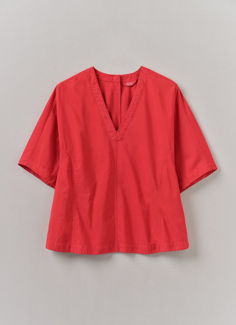 Textured Cotton Poplin V-Neck Top | Bright Red