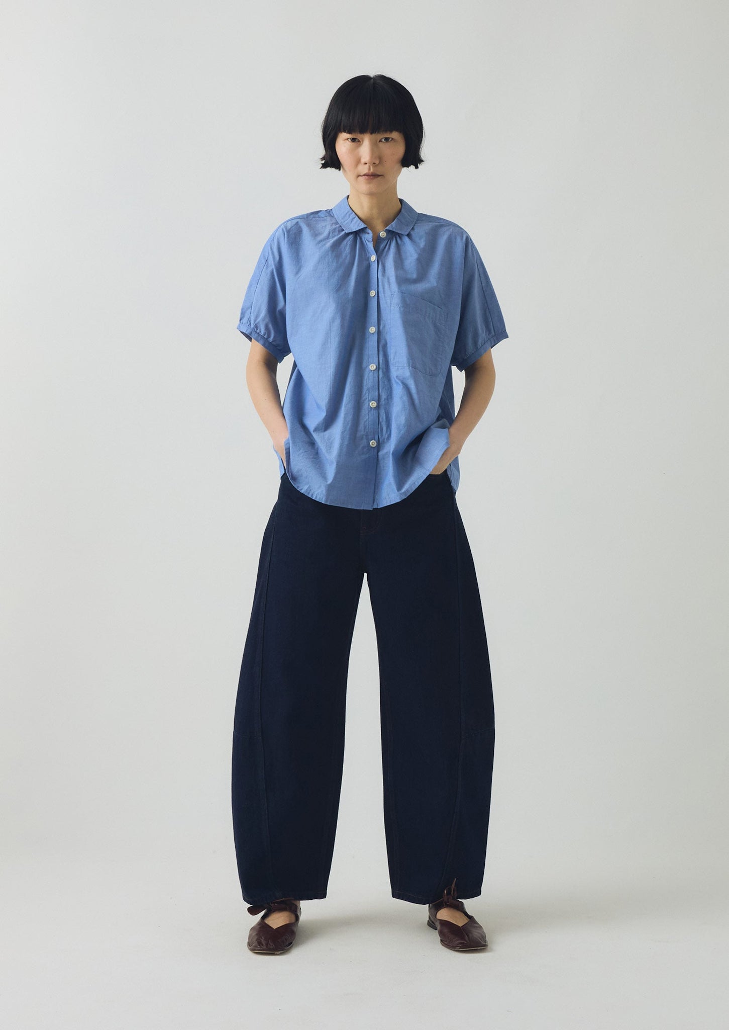 Gathered Cotton Chambray Shirt | Light Blue