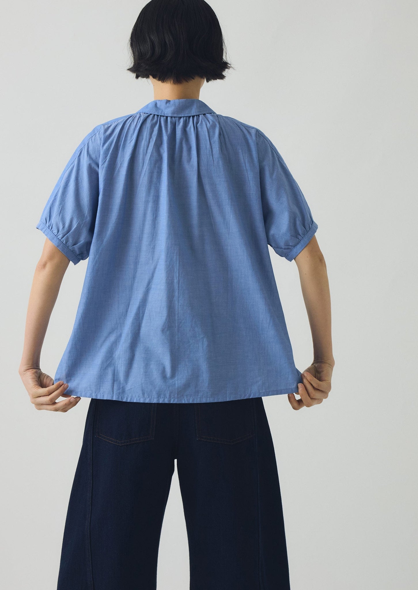 Gathered Cotton Chambray Shirt | Light Blue