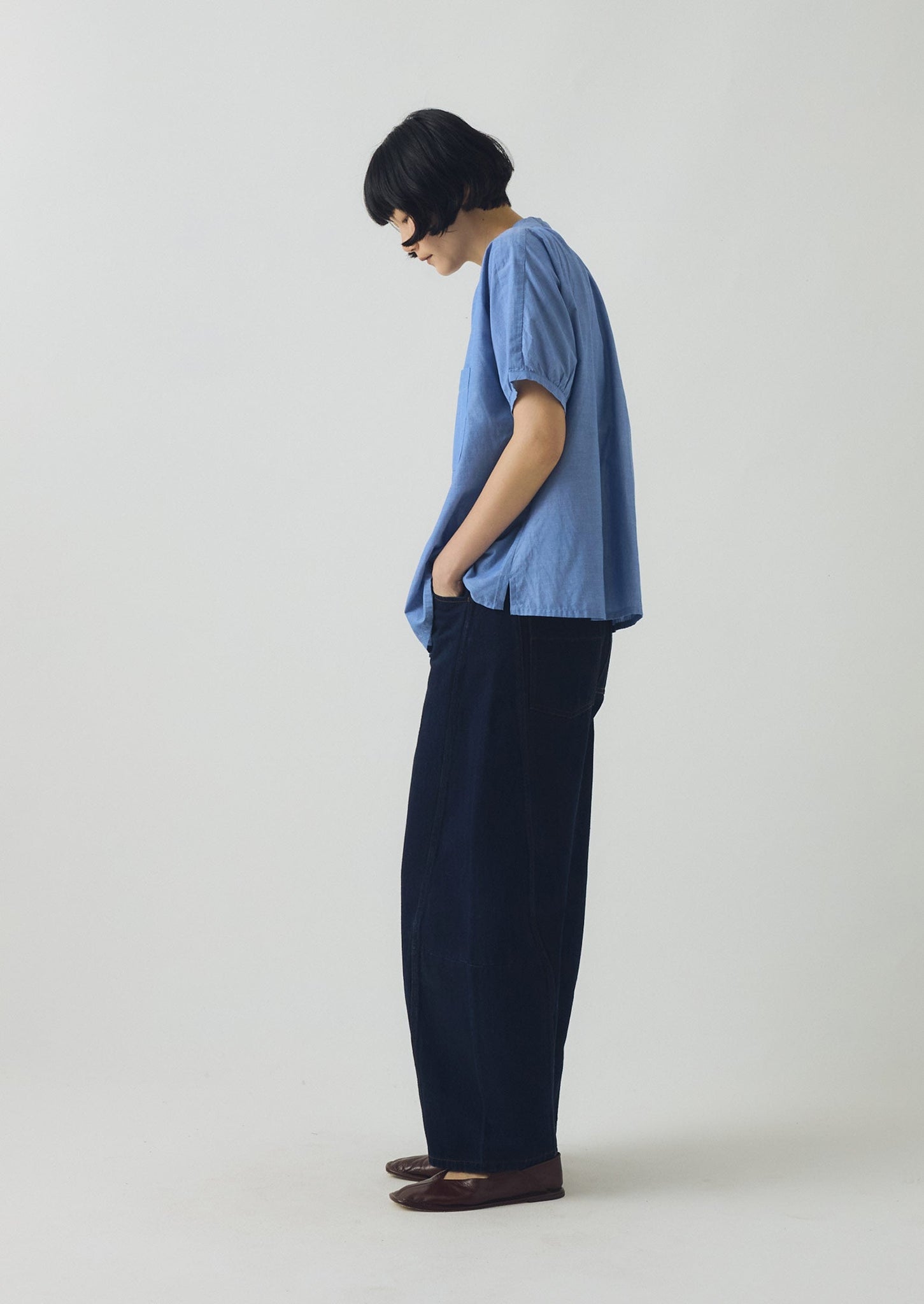 Gathered Cotton Chambray Shirt | Light Blue