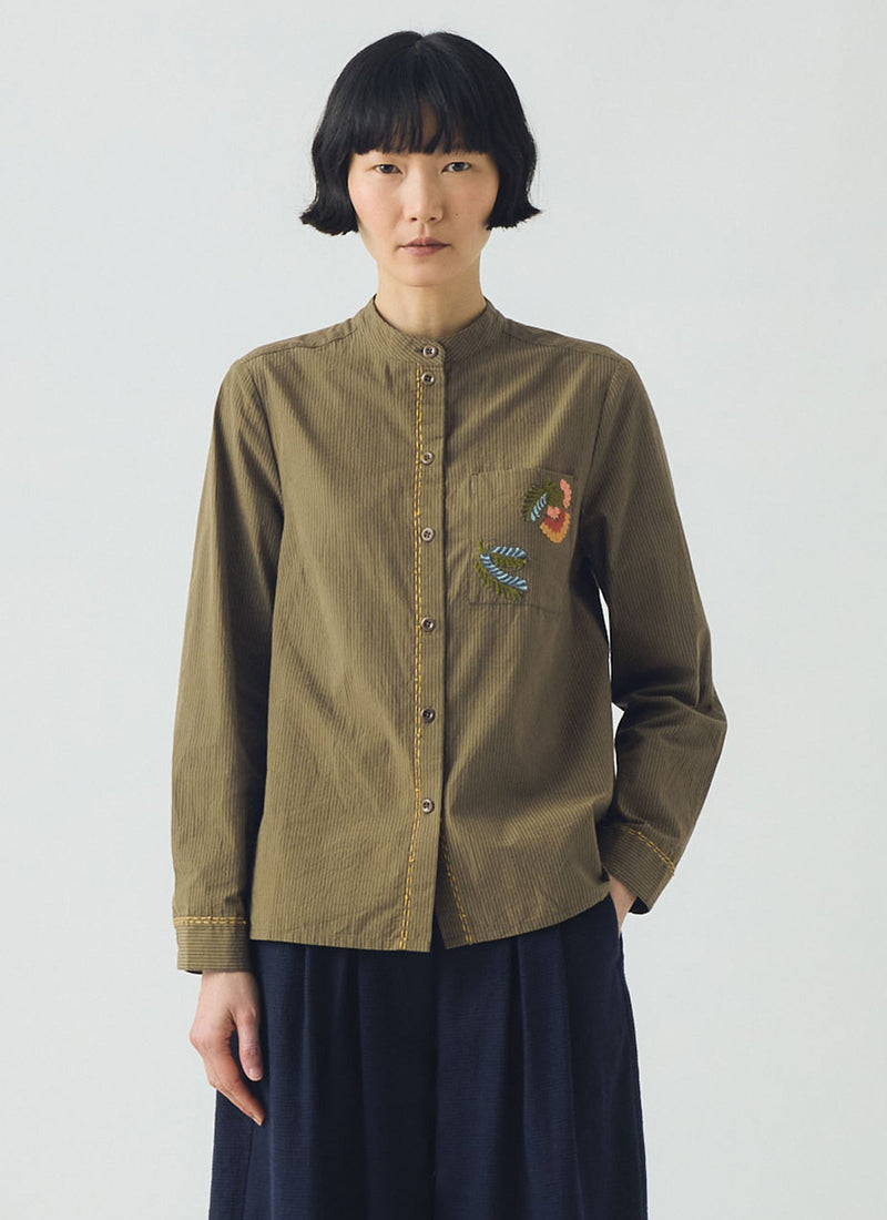 Embroidered Mini Stripe Cotton Shirt | Olive