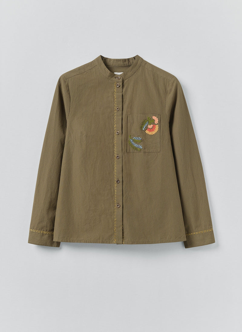 Embroidered Mini Stripe Cotton Shirt | Olive
