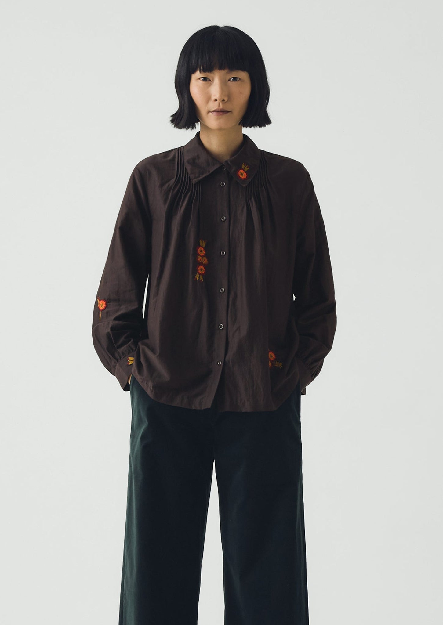 Vespertine Floral Embroidered Cotton Silk Shirt | Black Walnut