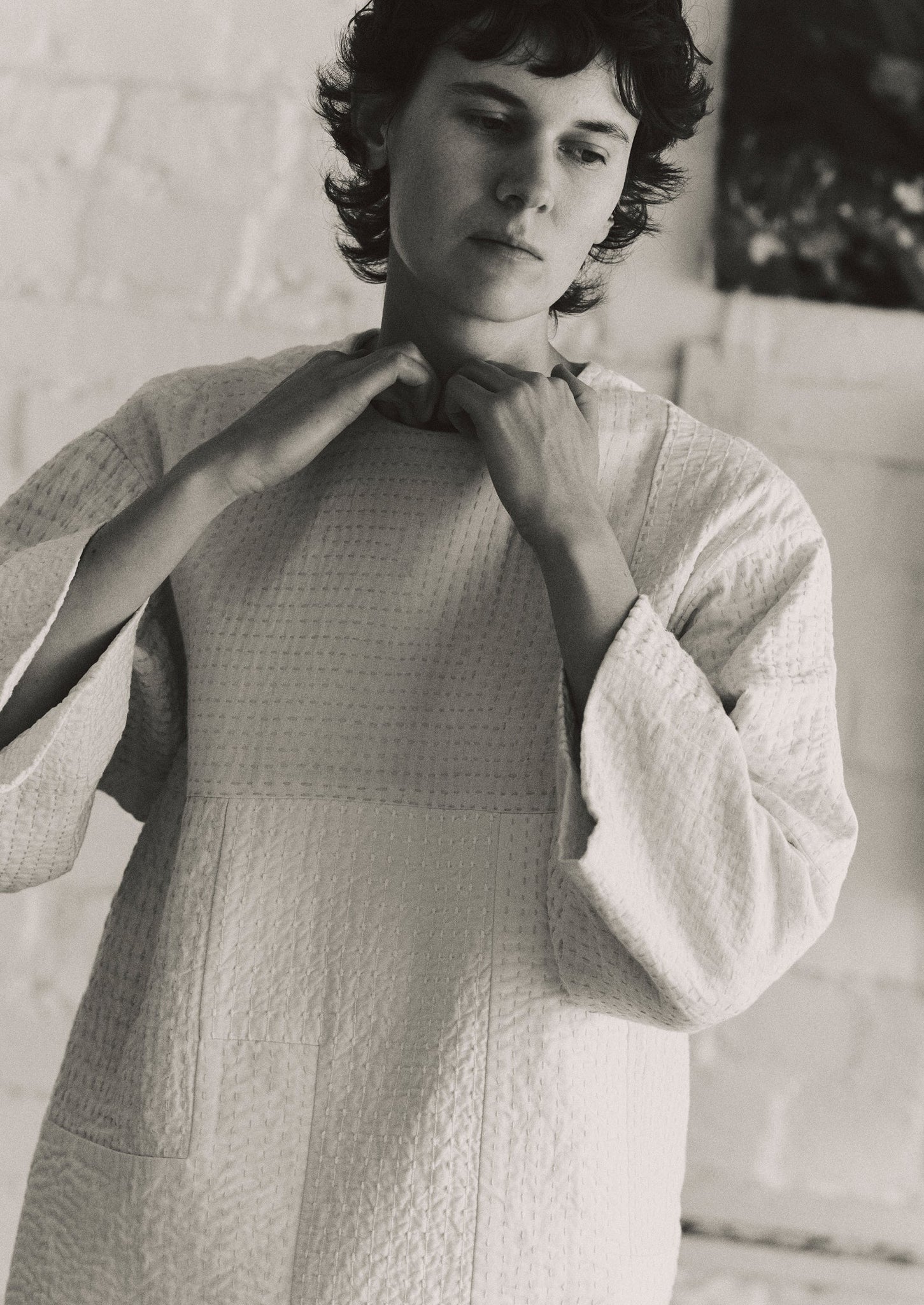 Patchwork Kantha Stitch Cotton Silk Top | White Salt