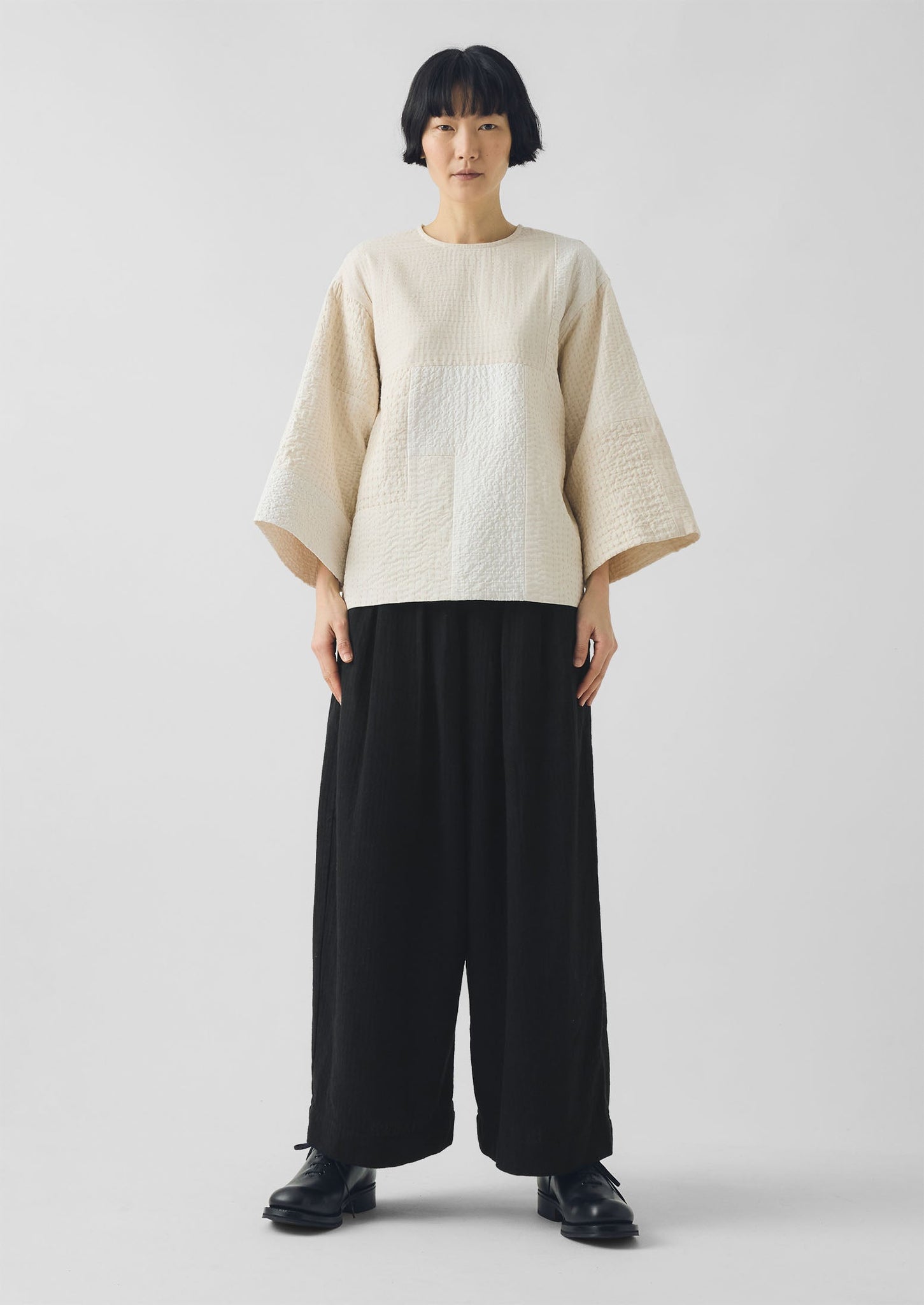 Patchwork Kantha Stitch Cotton Silk Top | White Salt