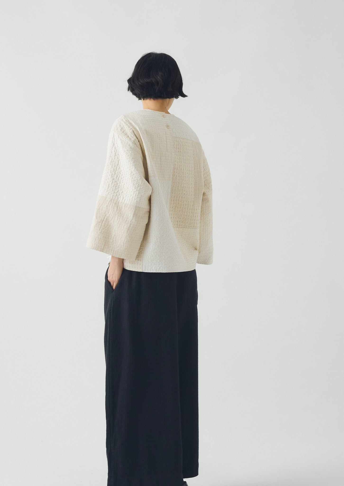 Patchwork Kantha Stitch Cotton Silk Top | White Salt