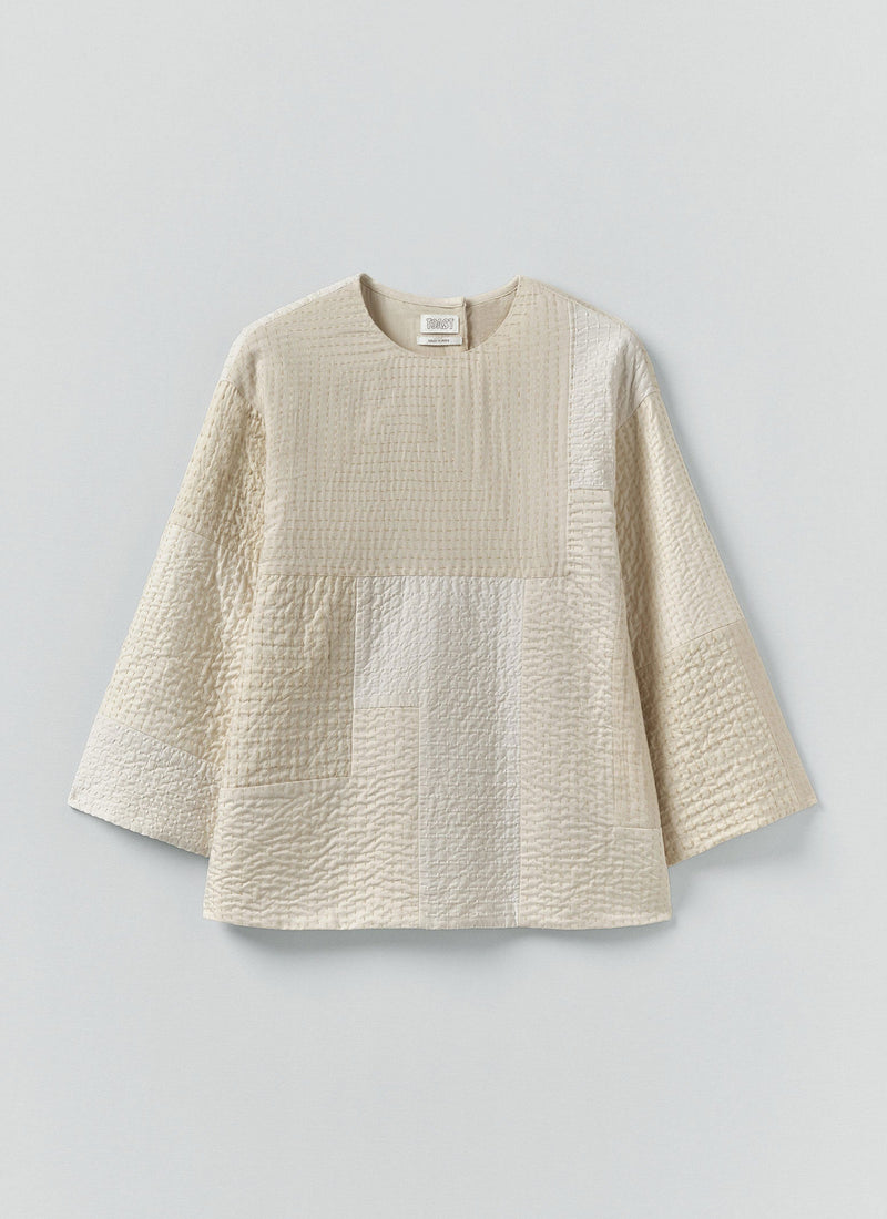 Patchwork Kantha Stitch Cotton Silk Top | White Salt