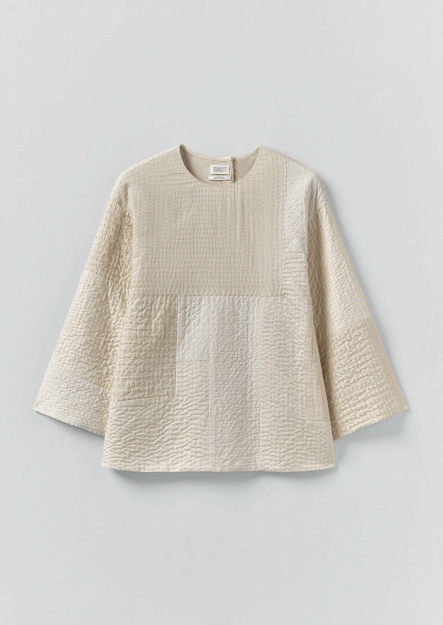 Patchwork Kantha Stitch Cotton Silk Top | White Salt