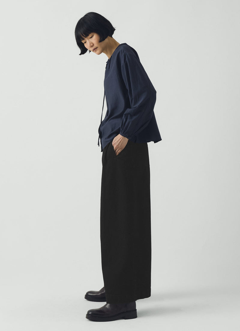 Gathered Neck Cotton Silk Shirt | Navy
