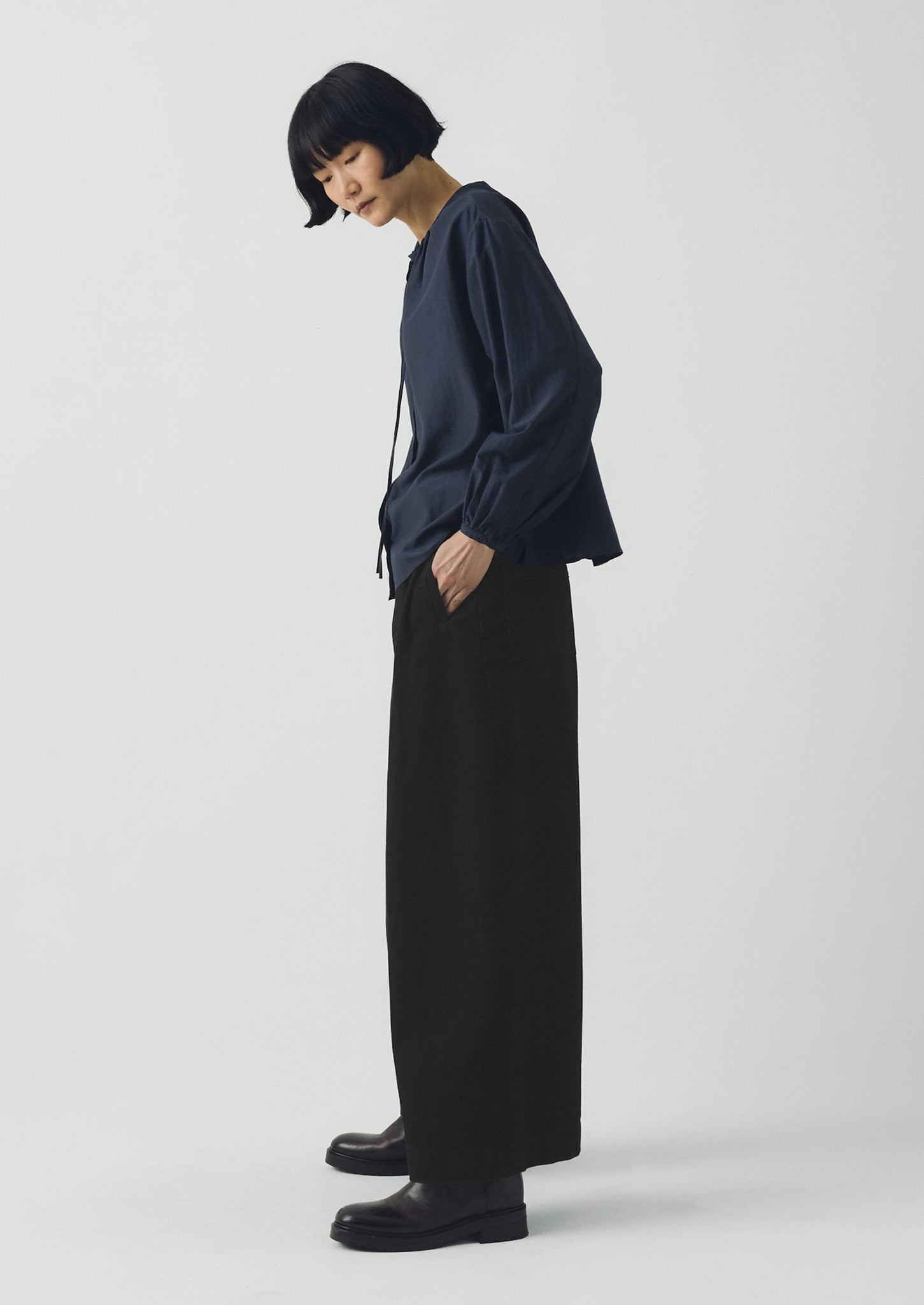 Gathered Neck Cotton Silk Shirt | Navy