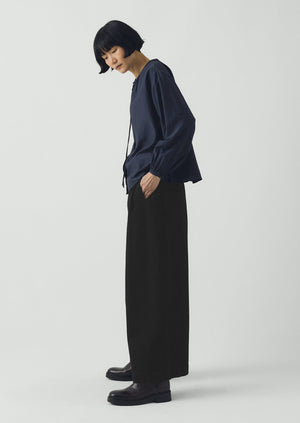 Gathered Neck Cotton Silk Shirt | Navy