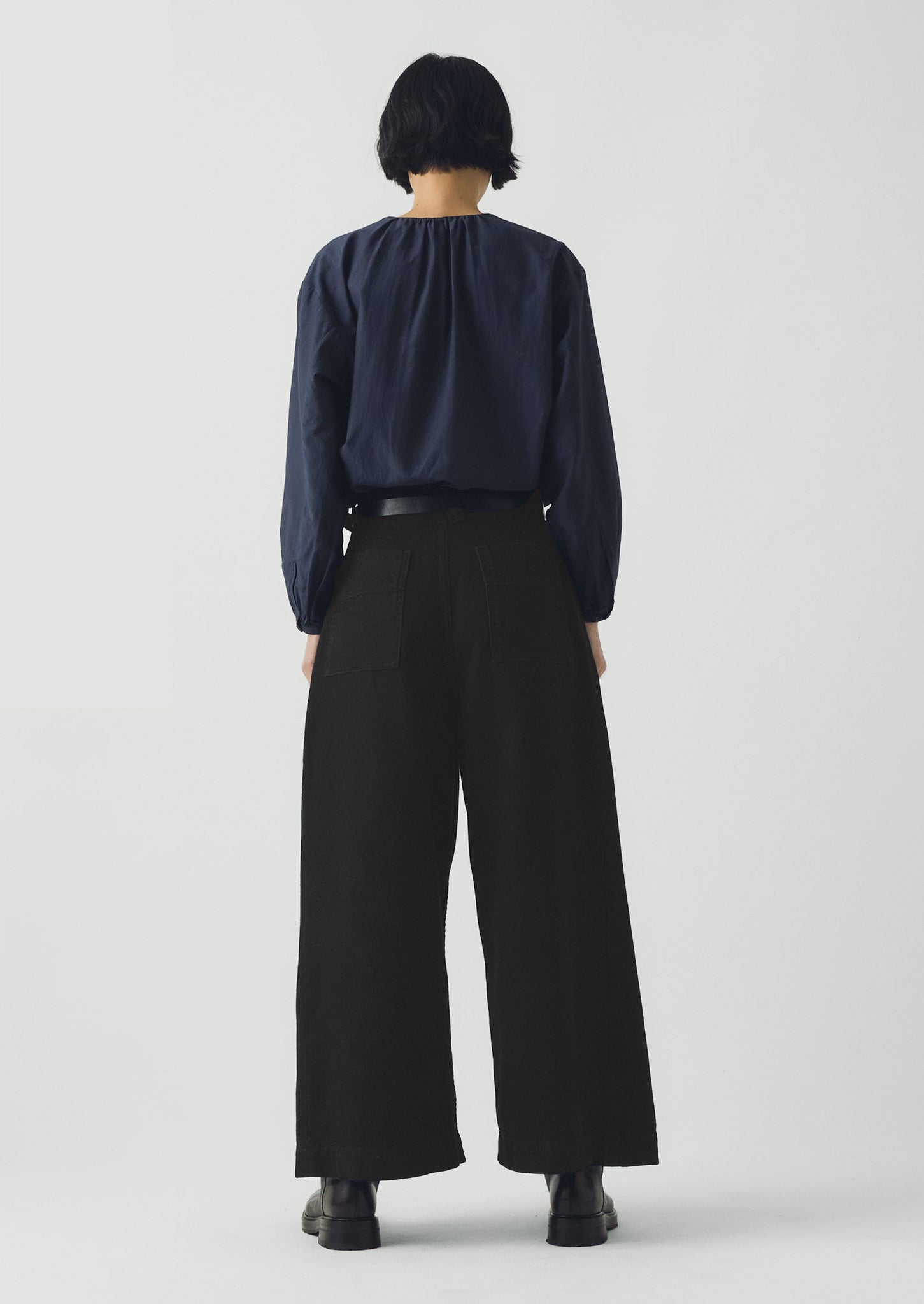Gathered Neck Cotton Silk Shirt | Navy