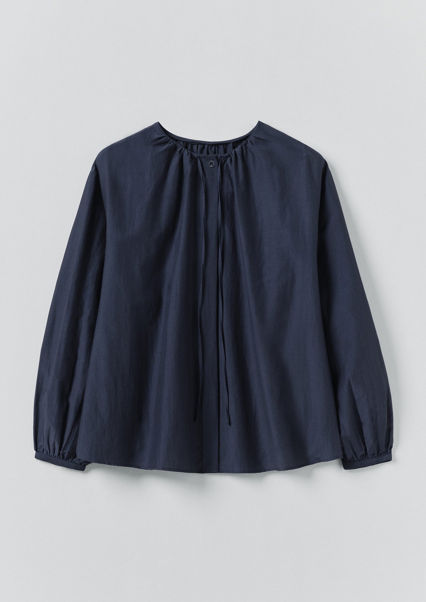 Gathered Neck Cotton Silk Shirt | Navy