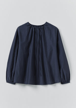 Gathered Neck Cotton Silk Shirt | Navy