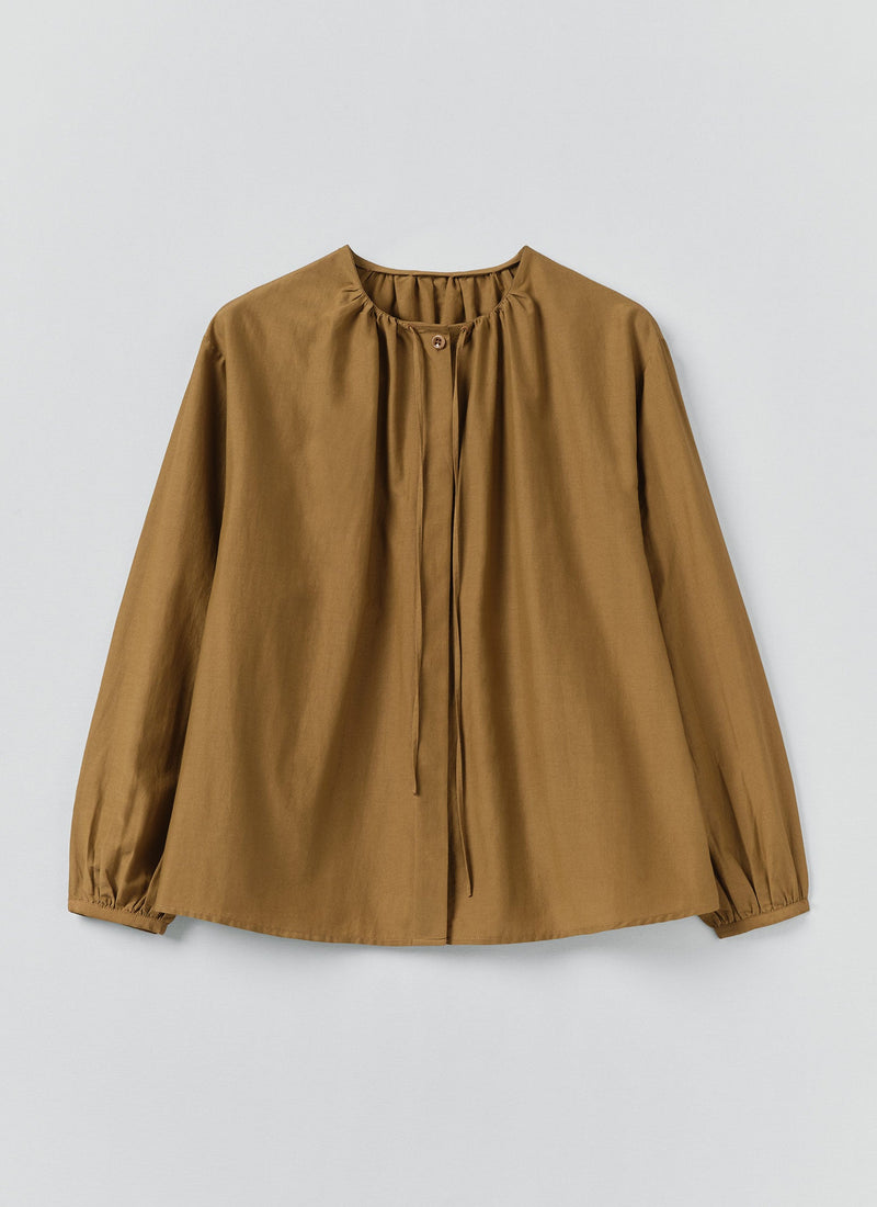 Gathered Neck Cotton Silk Shirt | Old Gold