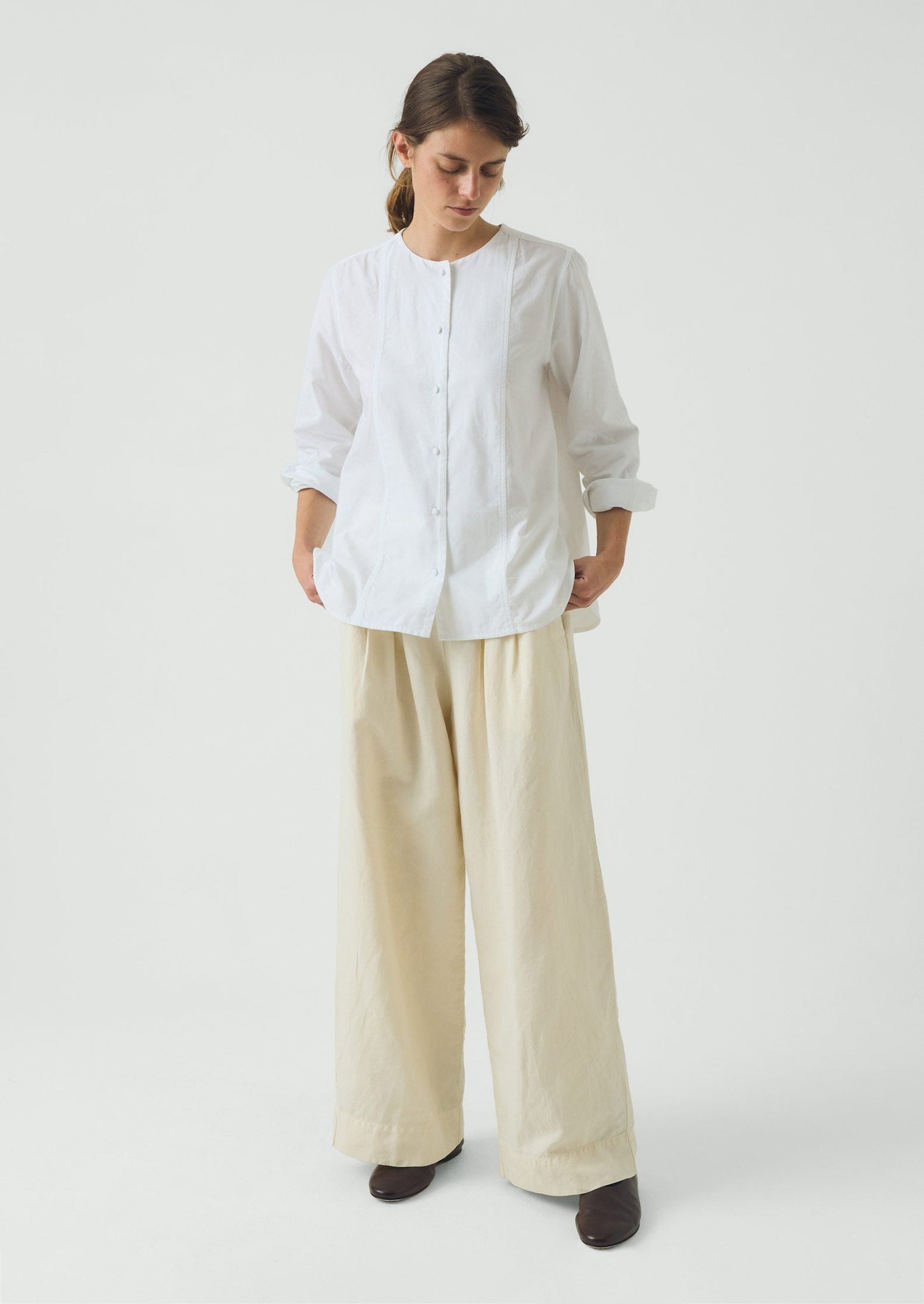 Round Neck Cotton Oxford Shirt | Paper White