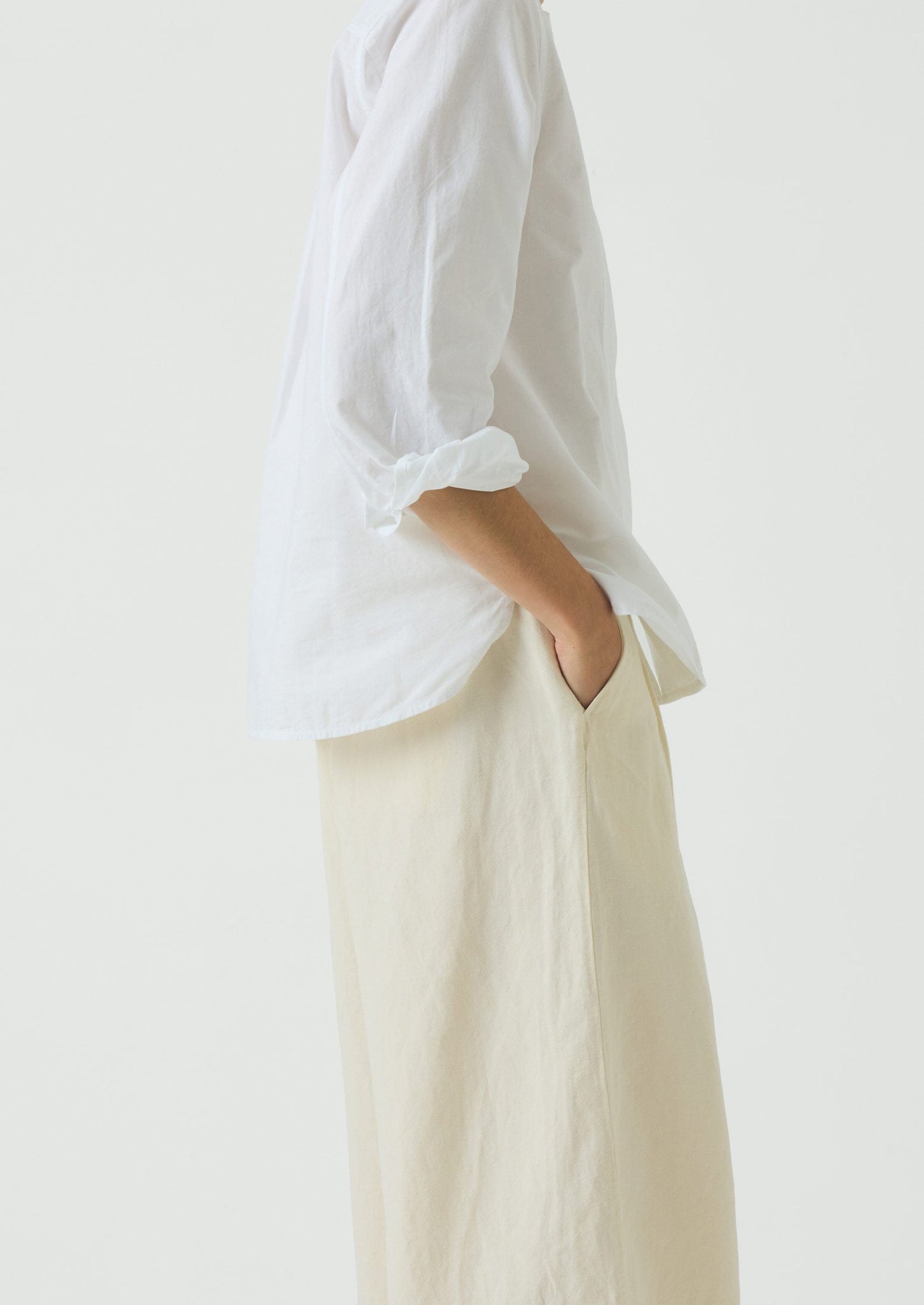 Round Neck Cotton Oxford Shirt | Paper White
