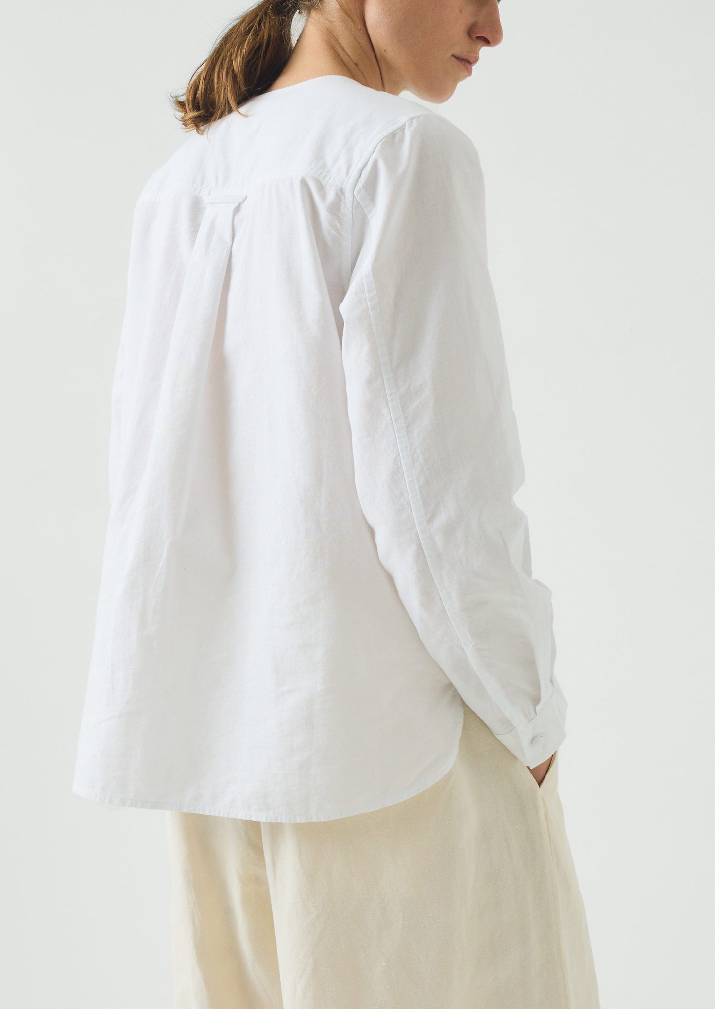 Round Neck Cotton Oxford Shirt | Paper White