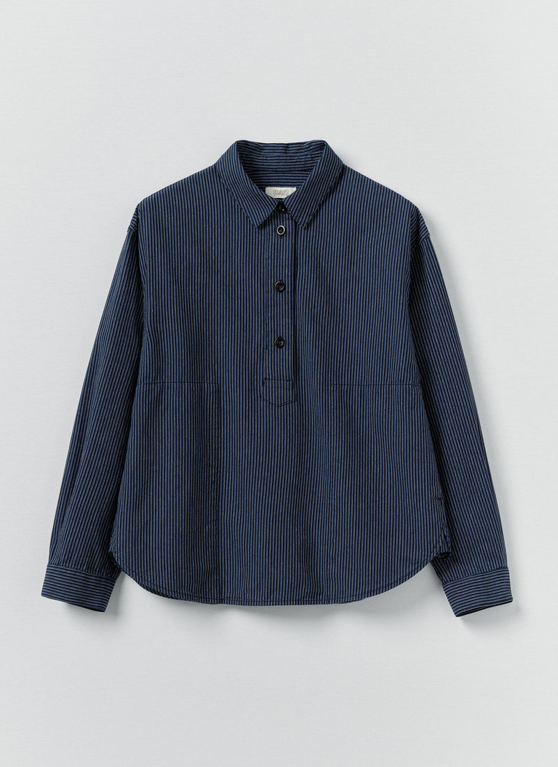 Railroad Stripe Cotton Smock Popover Shirt | Denim Blue