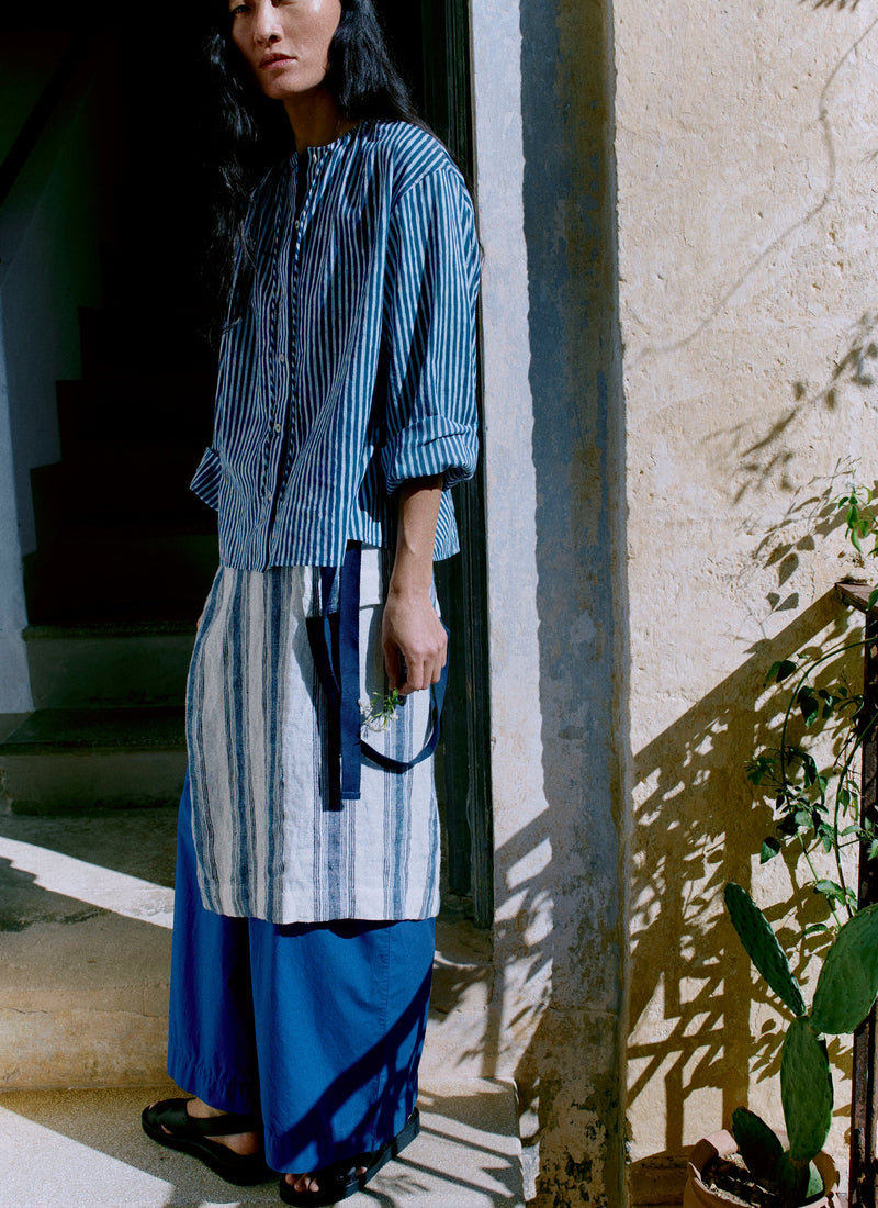 Natural Dye Stripe Cotton Gathered Top | Indigo