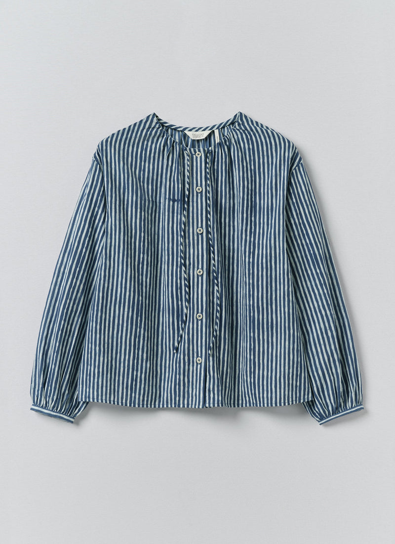 Natural Dye Stripe Cotton Gathered Top | Indigo