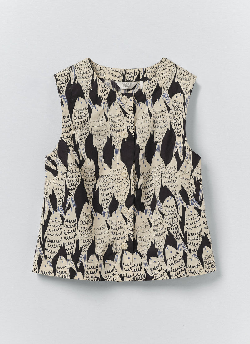 Market Fish Print Cotton Poplin Top | Slate