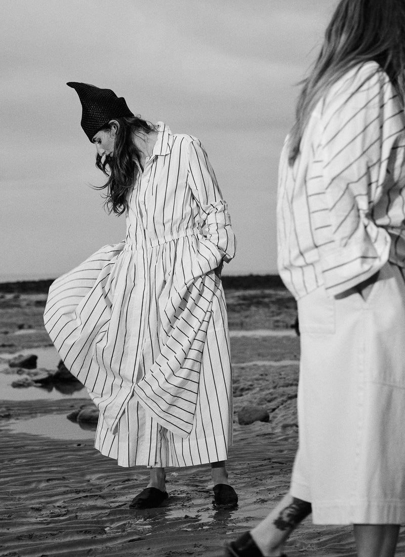 Garland Stripe Cotton Smock Top | Ecru/Charcoal