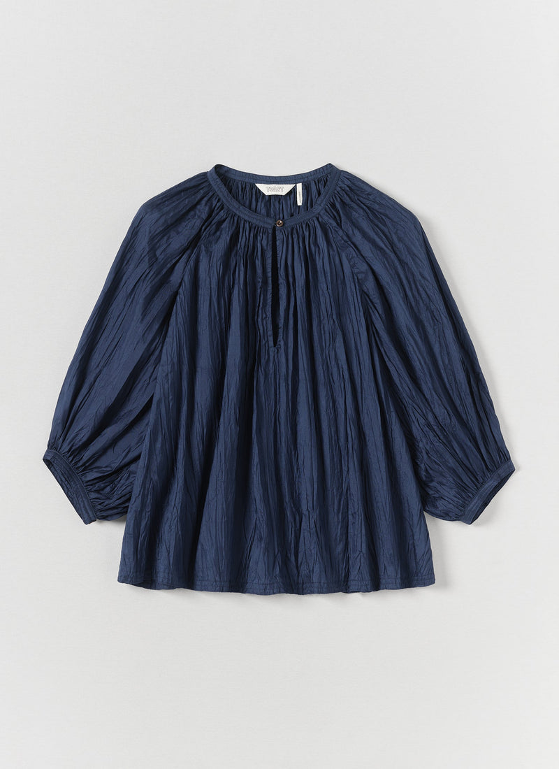 Gathered Neck Silk Taffeta Top | Indigo Blue