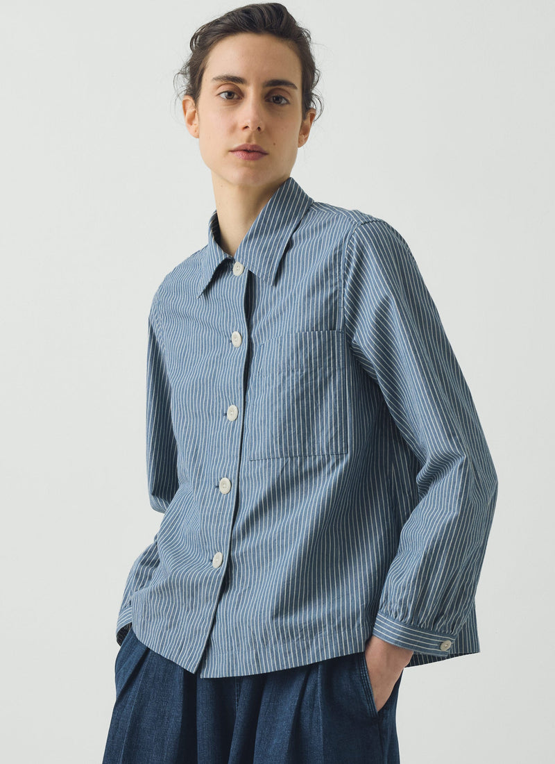 Baya Patch Pocket Stripe Cotton Shirt | Chambray Blue/Ecru