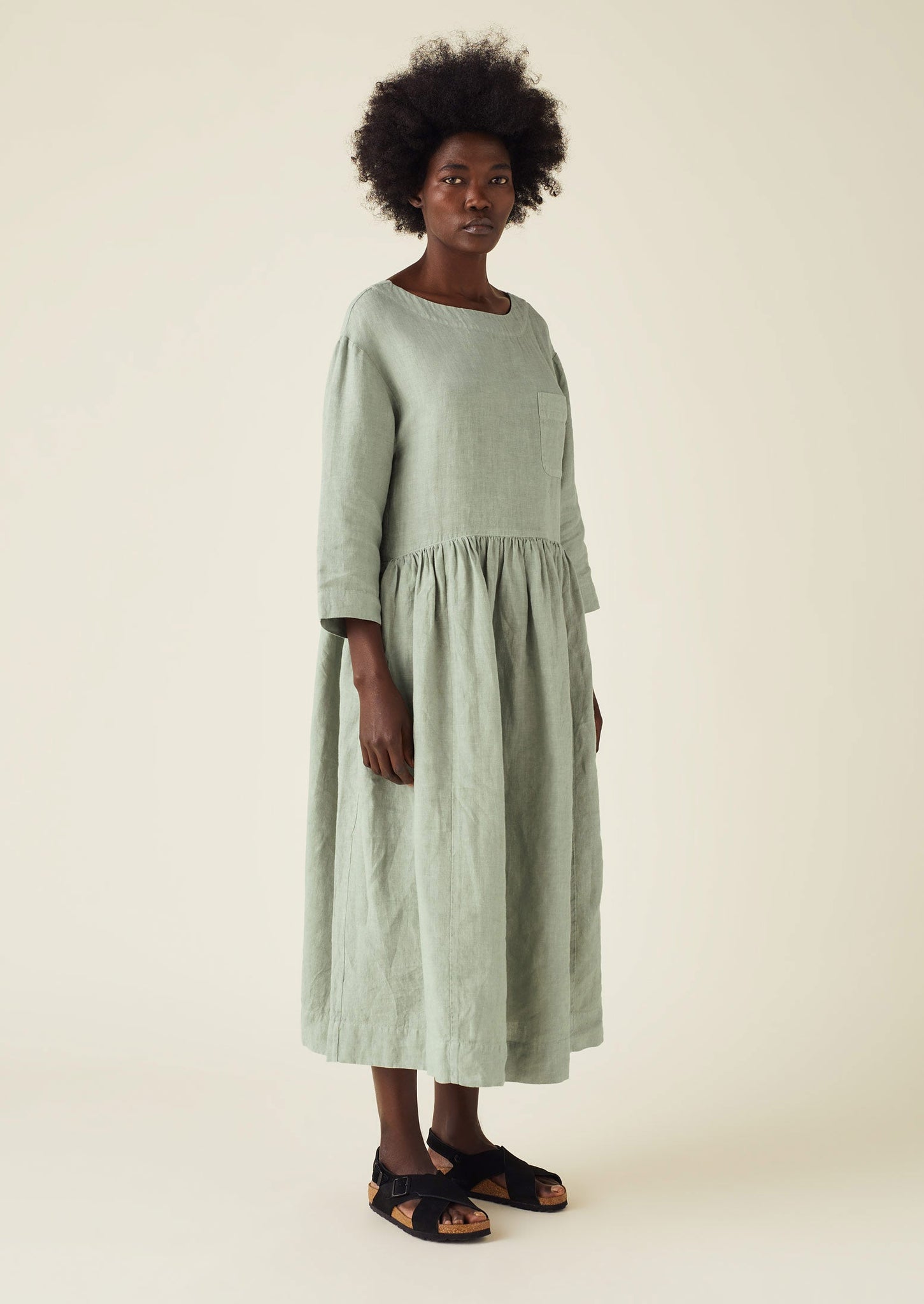 Boat Neck Garment Dyed Linen Dress | Pebble