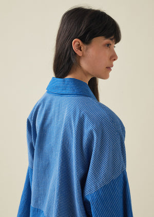 Panelled Stripe Check Jacket | Sapphire/ Ecru
