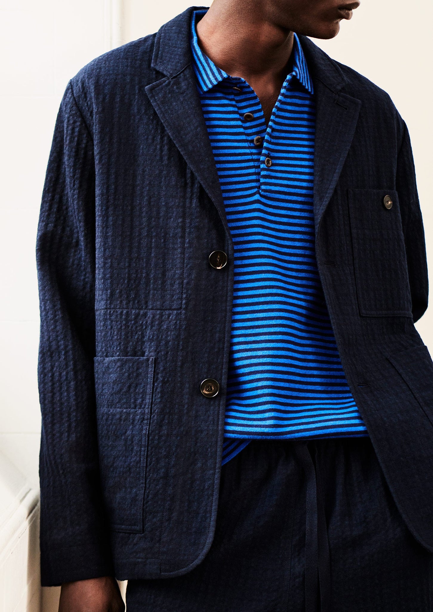 Relaxed Cotton Wool Seersucker Blazer | Workwear Blue