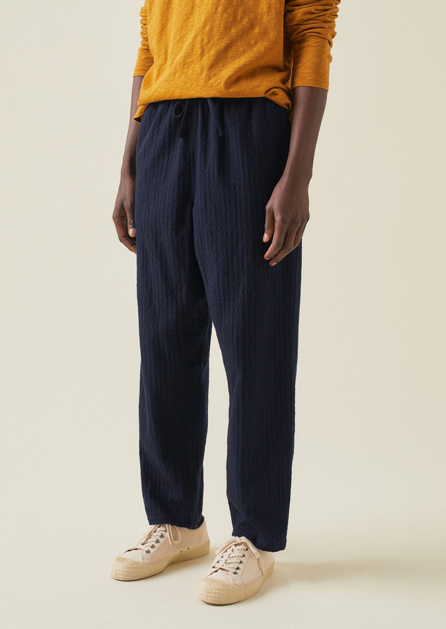 Alfie Cotton Wool Seersucker Drawstring Trousers | Workwear Blue