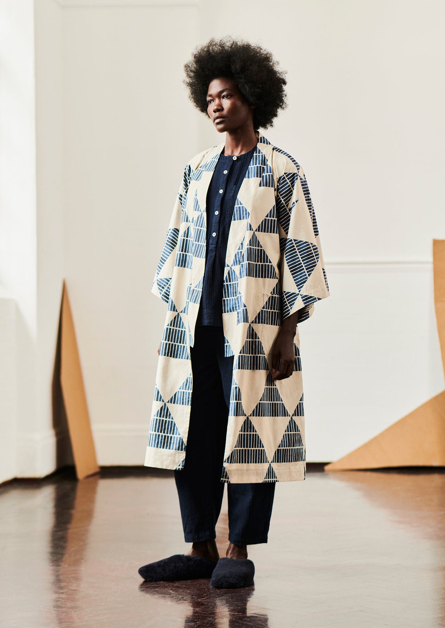 Diamond Block Print Cotton Gown | Dark Blue
