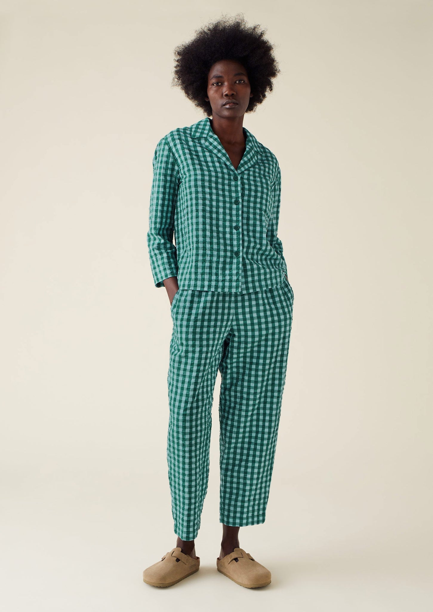 Gingham Cotton Seersucker Pyjamas | Sea Green