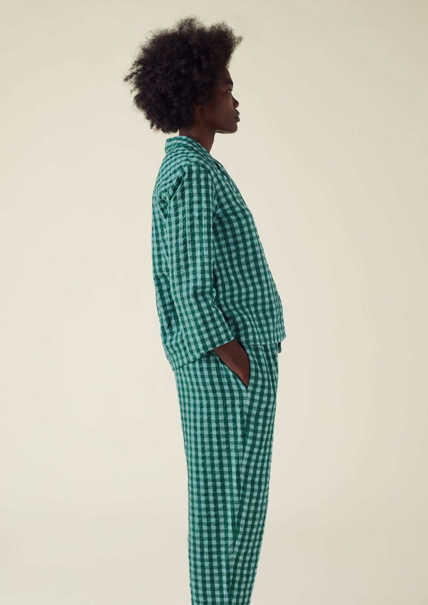 Gingham Cotton Seersucker Pyjamas | Sea Green