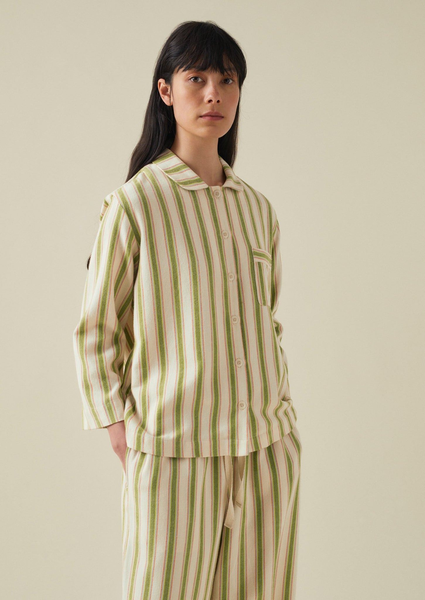 Stripe Organic Cotton Flannel Pyjamas | Ecru/Olive