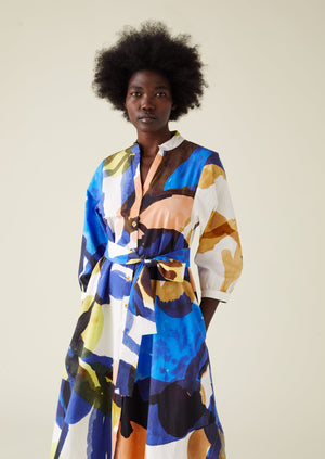 Abstract Paint Organic Cotton Poplin Dress | Woad/Multi