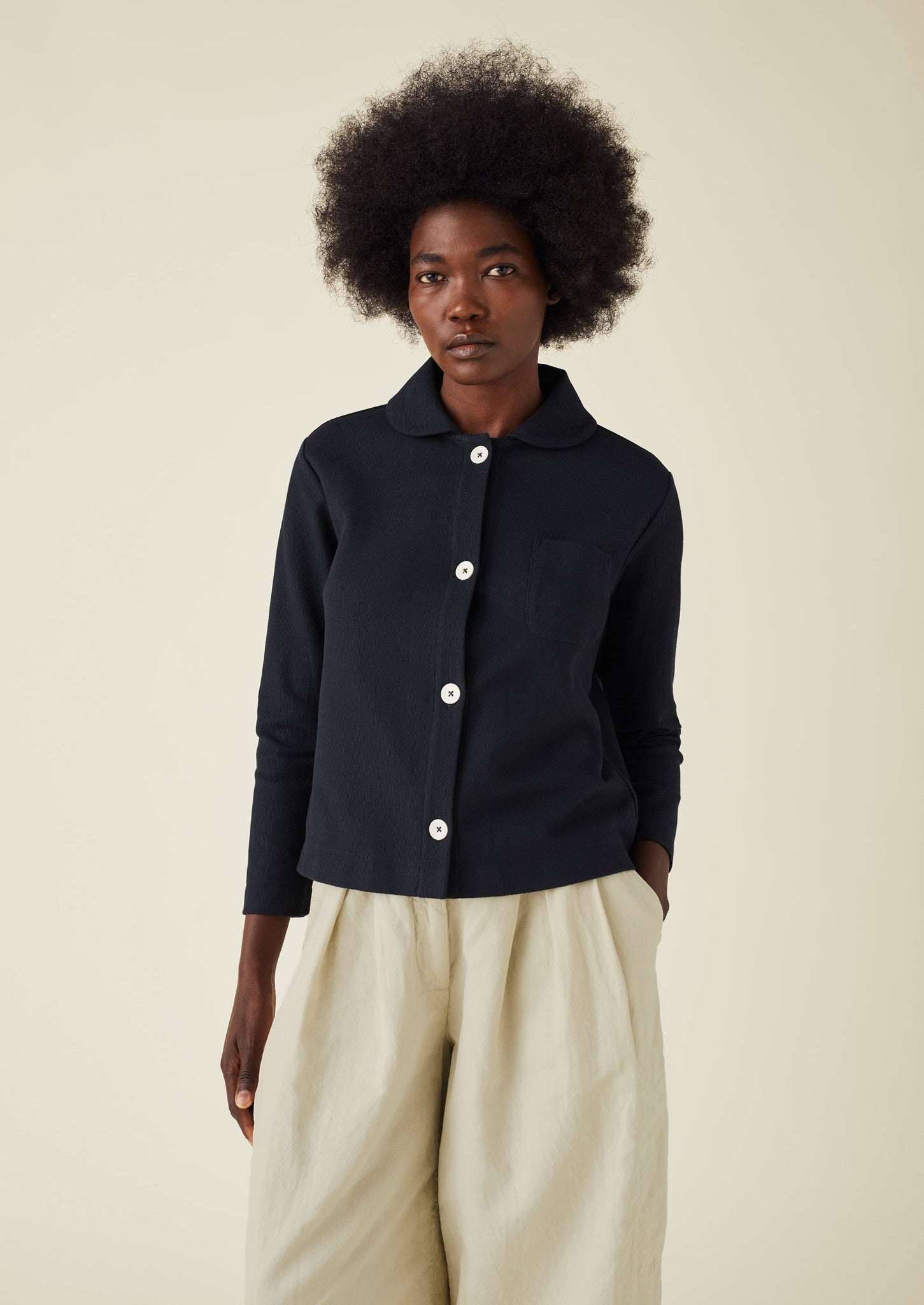 Round Collar Organic Cotton Pique Shirt | Blue Slate