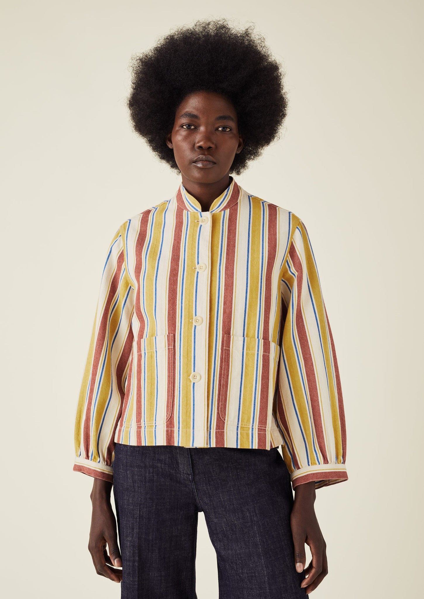Bold Stripe Cotton Workwear Jacket | Brown/Ecru