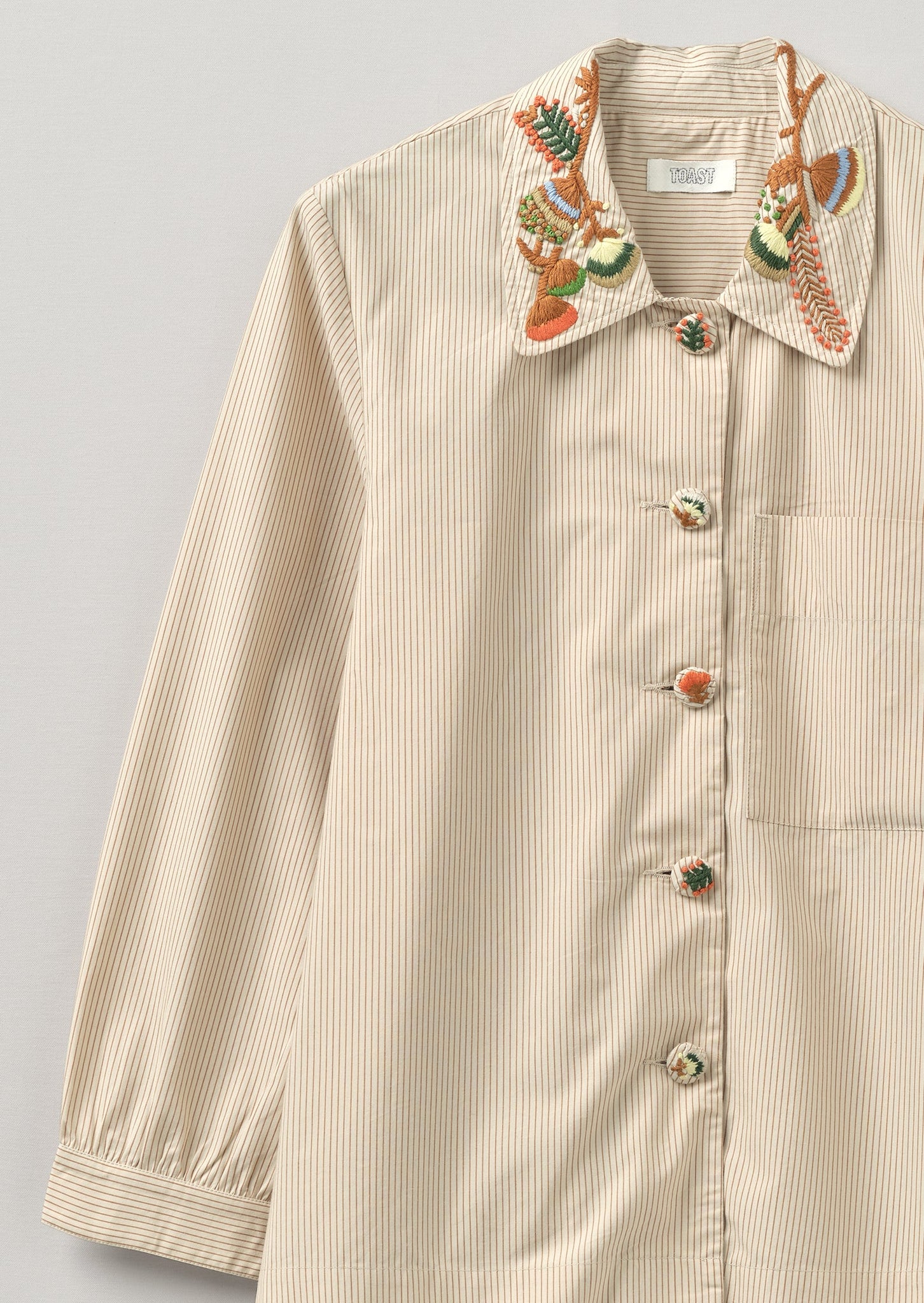 Embroidered Collar Stripe Cotton Shirt | Oyster Grey/Birch
